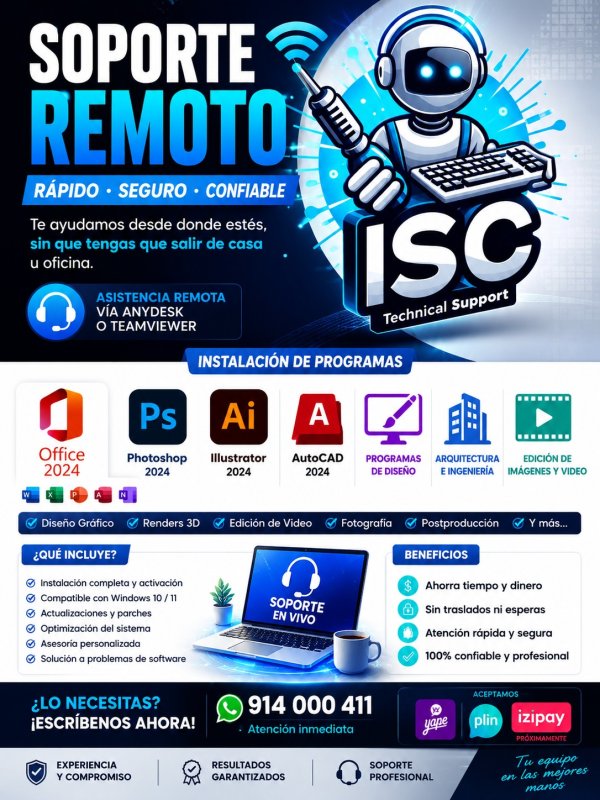 🛠️¿Tu PC está lenta o con errores? ¡No te preocupes! Te ayudamos al instante con nuestro servicio de soporte remoto vía 💻 AnyDesk o TeamViewer. Sin